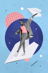 Vertical collage picture of excited cheerful girl black white effect stand flight paper plane...