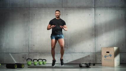 Online Workout Service: Professional Trainer Explaining Exercise, Virtual Video Tutorial for Training. Handsome Black Athletic Coach Teaching Audience Healthy Lifestyle. Static Screen Replacement