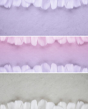 Fluffy Feather edged rustic footer and header background banner - top, bottom and both edges lined with randow feathers in pink, lilac or natural colours against a rustic fibre paper ideal for voucher