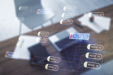 Multi exposure of abstract graphic coding sketch and modern desktop with pc on background, big data and networking concept