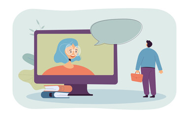Fototapeta na wymiar Man looking at woman on computer screen flat vector illustration. Person watching webinar or lecture online. Occupation, education concept for banner, website design or landing web page