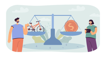 Bike and golden coin on scales flat vector illustration. Comparison, measurement, investment, profit, purchase concept for banner, website design or landing web page