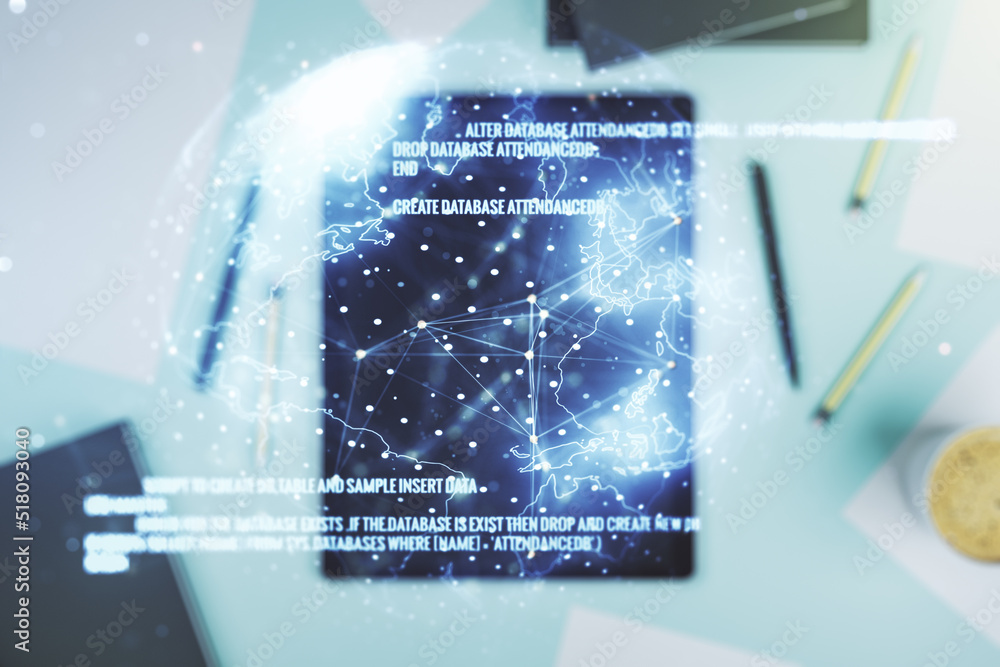 Poster multi exposure of abstract software development hologram with world map and digital tablet on backgr