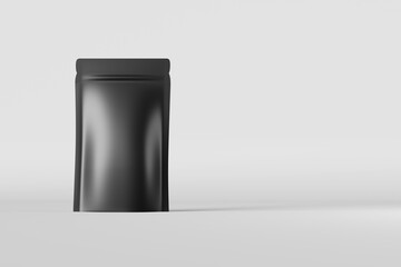 Black pouch bag branding mockup white background 3D rendering. Merchandise packaging design. Blank foil coffee beans doy pack. Tea food snack sachet product template. Shop delivery sale demonstration.
