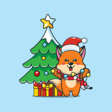 Cute fox with christmast lamp. Cute christmas cartoon vector illustration.