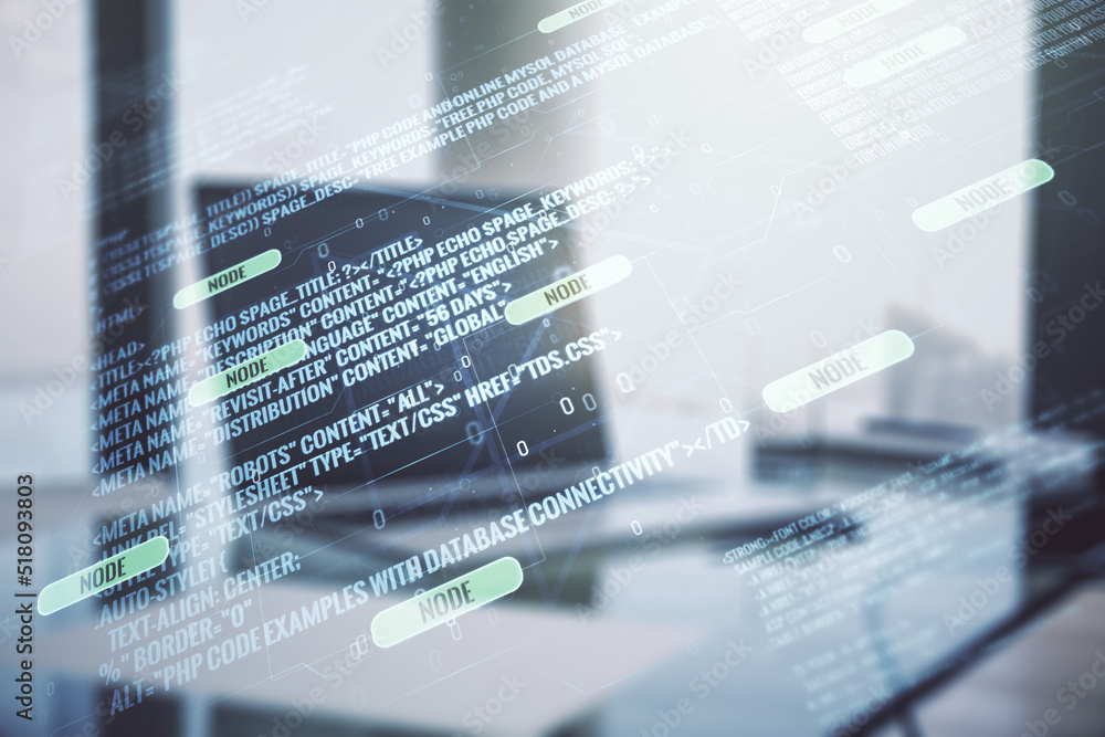 Poster double exposure of abstract creative programming illustration on computer background, big data and b