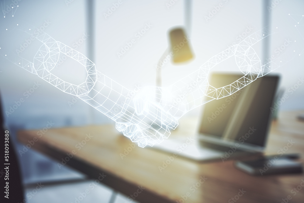 Aufkleber creative abstract block chain technology sketch with handshake on modern laptop background, future t