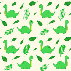 Seamless pattern with funny cartoon dinosaurs. Cute print for children clothes, textile, nursery room decor. Baby background for fabric, postcard, wrapping paper, gift products, wallpaper. 