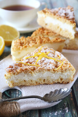 Italian lemon and ricotta (cottage cheese) grated tart and tea - 518094067