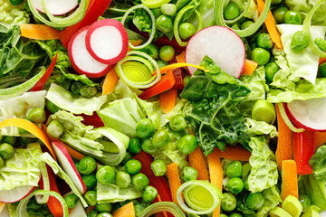 Fresh green vegetarian green salad with savoy cabbage, raw carrot, radish, bell pepper, leek and green peas