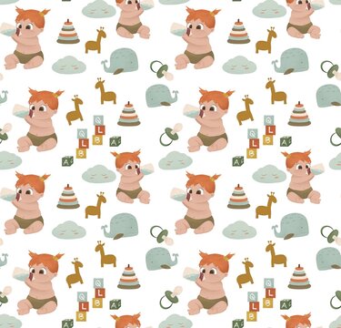 Seamless pattern Nursery baby girl.Hand drawn cute infant with toys. Children's pattern with baby, whale, cubes, cloud, pacifier for fashion clothes, shirt, fabric, of baby items.Cute cartoon design. 