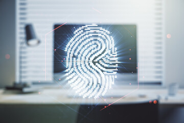 Double exposure of abstract creative fingerprint hologram on laptop background, research and development concept