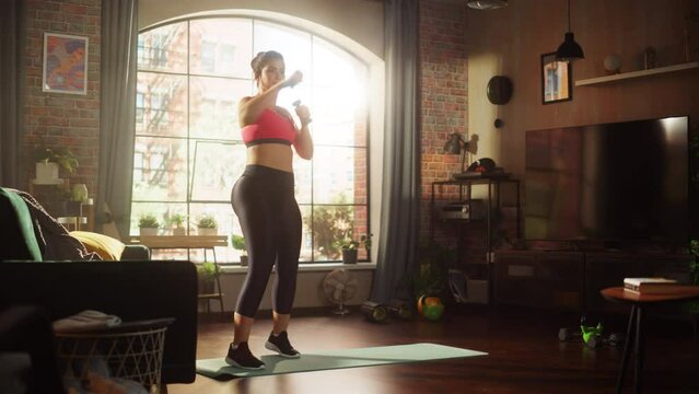 Beautiful Athletic Plus Size Body Positive Sports Woman, Does Exercises with Dumbbells, Shadow Boxing, Fighting Imaginary Enemies, Real Injustices, Prejudices. Energetic Cinematic Bright Style Shot