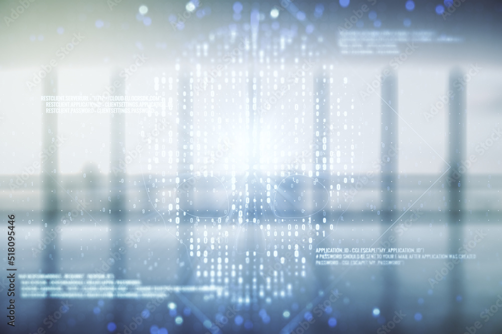 Poster abstract virtual code skull illustration on empty corporate office background. hacking and phishing 