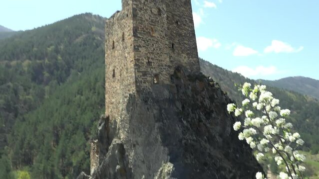 Panoramic view of Ingush defense towers Vovnushki in north Caucasus, Russia