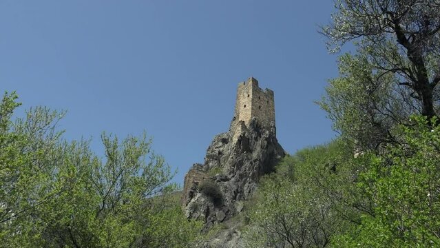 View of Ingush defense watchtowers Vovnushki in north Caucasus, Zoom out