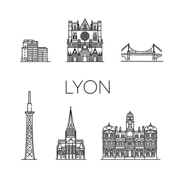 Lyon skyline with panorama in white background