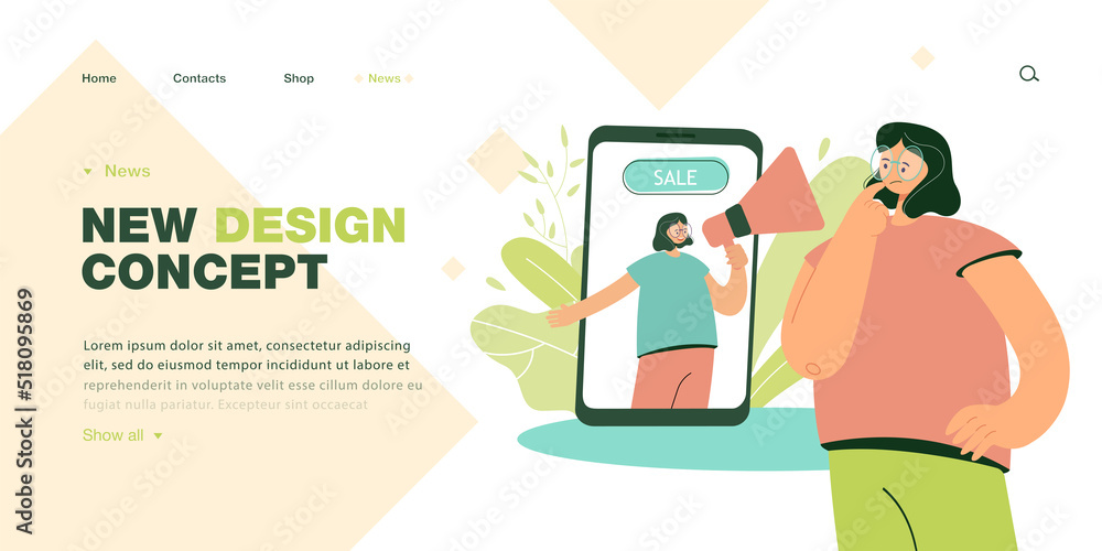 Poster client looking at big smartphone with manager on screen. shop assistant with speaker flat vector ill