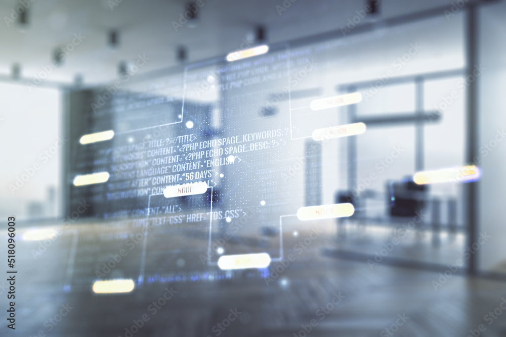 Poster double exposure of abstract programming language interface on modern corporate office background, re