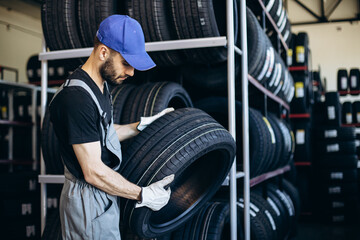 Repairman at car service changing tires