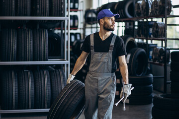 Repairman at car service changing tires