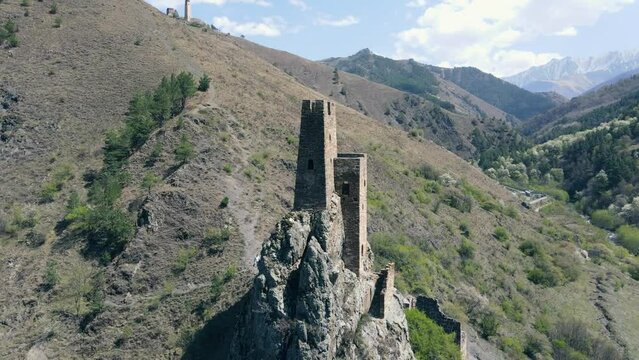 Drone flying around Ingush defense towers Vovnushki in north Caucasus, Russia