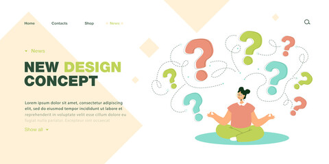 Girl sitting in lotus pose with question marks under her. Peaceful woman keeping calm in difficult situations flat vector illustration. Choice concept for banner, website design or landing web page