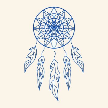 Dream Catcher. Vector illustration of a dream catcher with threads and beads, ethnic mascot template with feathers on a light background.