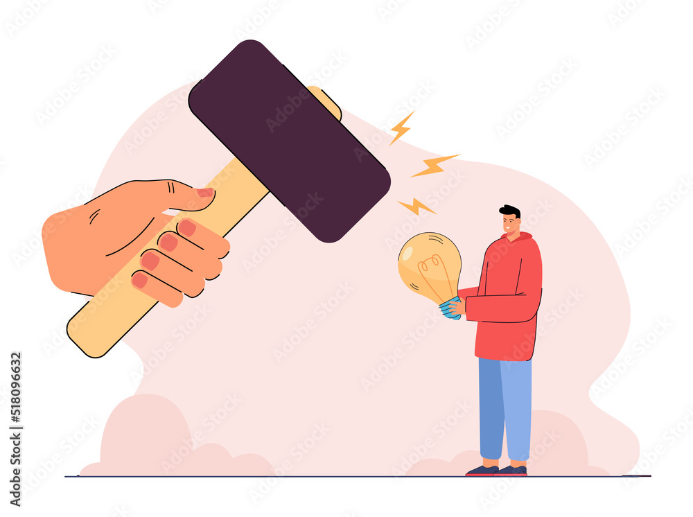 Poster hand with huge hammer threatening tiny man with lightbulb. worker or employee with new idea flat vec