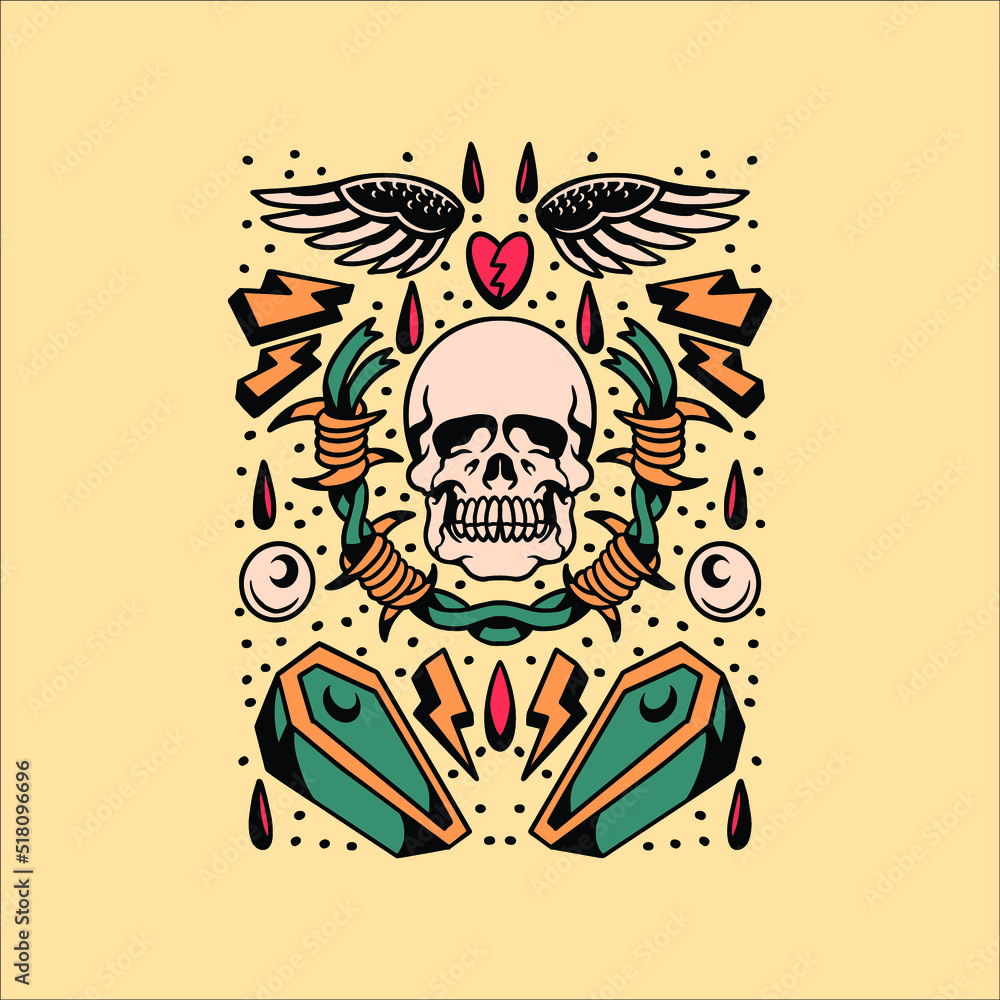 Wall mural skull coffin tattoo flash vector design