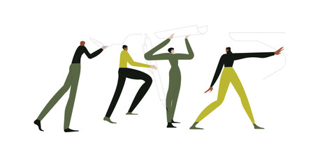 People writing, hold pencils and pens in hands. Set of writers, journalists, editors, copywriters, creators drawing, handwriting . Flat vector illustration isolated on white background.