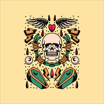 skull coffin tattoo flash vector design