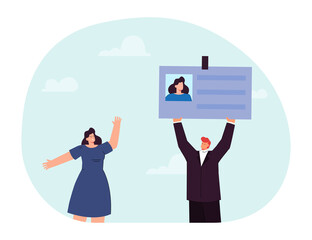Manager or employer holding ID card of new worker. Employee getting identification card flat vector illustration. Employment, recruitment, identity concept for banner, website design or landing page
