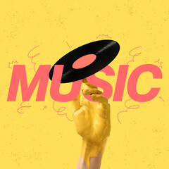 Creative colorful design. Male hand spinning on finger vinyl record isolated over yellow background
