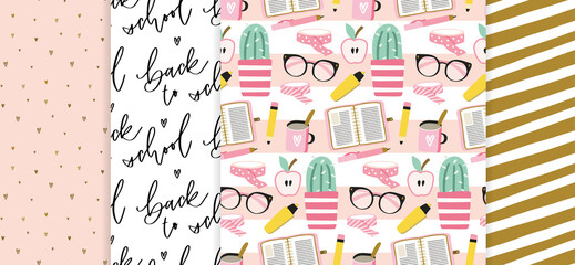 Back to school seamless pattern and background set. Girly pink, white and gold repeat design for notebook cover or stationery print. Cute writing supplies, planner, succulent plant clipart.