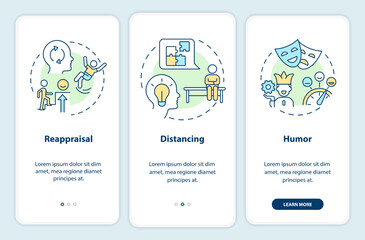 Cognitive change onboarding mobile app screen. Emotional regulation walkthrough 3 steps editable graphic instructions with linear concepts. UI, UX, GUI template. Myriad Pro-Bold, Regular fonts used