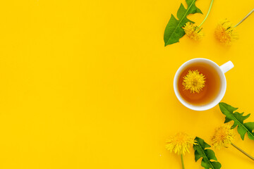 Herbal tea with meadow yellow dandelions blossoms and leaves