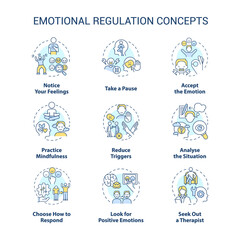 Emotional regulation concept icons set. Practical skills. Control and manage feelings idea thin line color illustrations. Isolated symbols. Editable stroke. Roboto-Medium, Myriad Pro-Bold fonts used