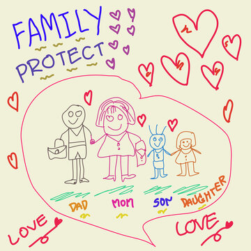 Father,mother,son and daughter  hand drawn in cartoon character cover with red heart,sign of warm family