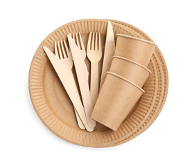 Set of disposable tableware on white background, top view