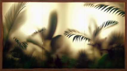 Blurred tropic leaves behind Frosted glass. Glassmorphism. Tropical leaf background. 3d illustration.