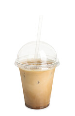 Takeaway plastic cup with cold coffee drink and straw isolated on white