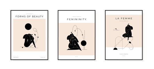 Trendy contemporary poster collection. Minimal female silhouette Abstract woman body feminine geometric composition. Beauty, Femininity concept, prints set for wall art decor. Vector illustration set - 518098412