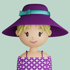 3D cartoon avatar of pretty woman with sun hat