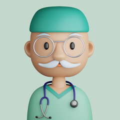 3D cartoon avatar of mature, smiling doctor man
