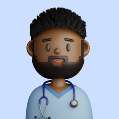 3D cartoon avatar of smiling bearded black man doctor