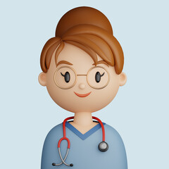 3D cartoon avatar of pretty, smiling woman doctor