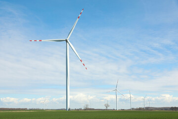 Fototapeta na wymiar Modern wind turbines in field on sunny day. Alternative energy source