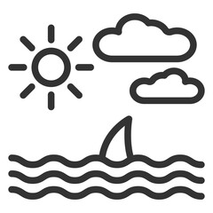 Sea, ocean landscape, shark fin peeking out of the water, waves, clouds and sun - web icon, illustration on white background, outline style