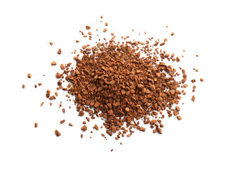 Heap of aromatic instant coffee isolated on white, top view